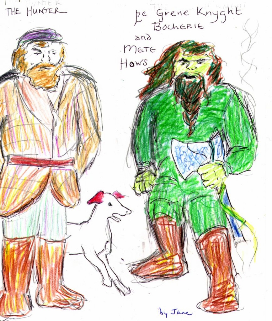 Bert the Gamesmaster, Red Hat the Hunting Hound, and the Green Night - a quick drawing by Jane Valencia (c) 2006